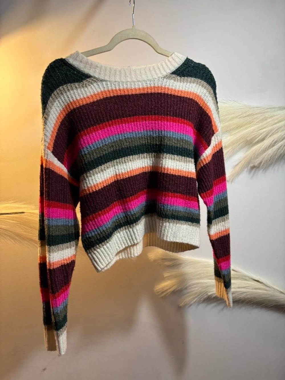 (#93) Striped Cropped Crewneck Sweater in Cream, Burgundy & Pink